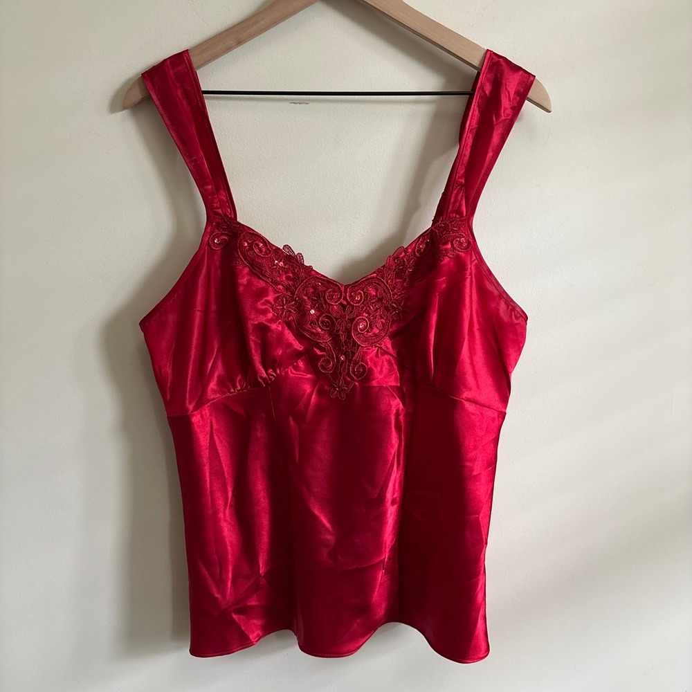 Cinema Etoile Red Satin Lace Sequin Camisole Top XL V-Neck Lingerie Sleepwear